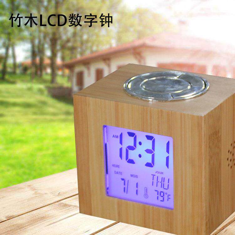 新款竹子万年历钟电商桌面电子时钟竹子工艺闹钟