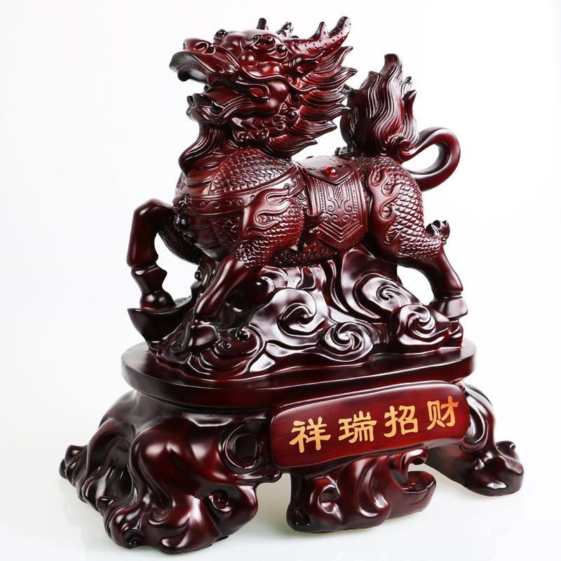 树脂工艺品招财麒麟摆件仿木装饰品风水摆设开业送礼领导工厂
