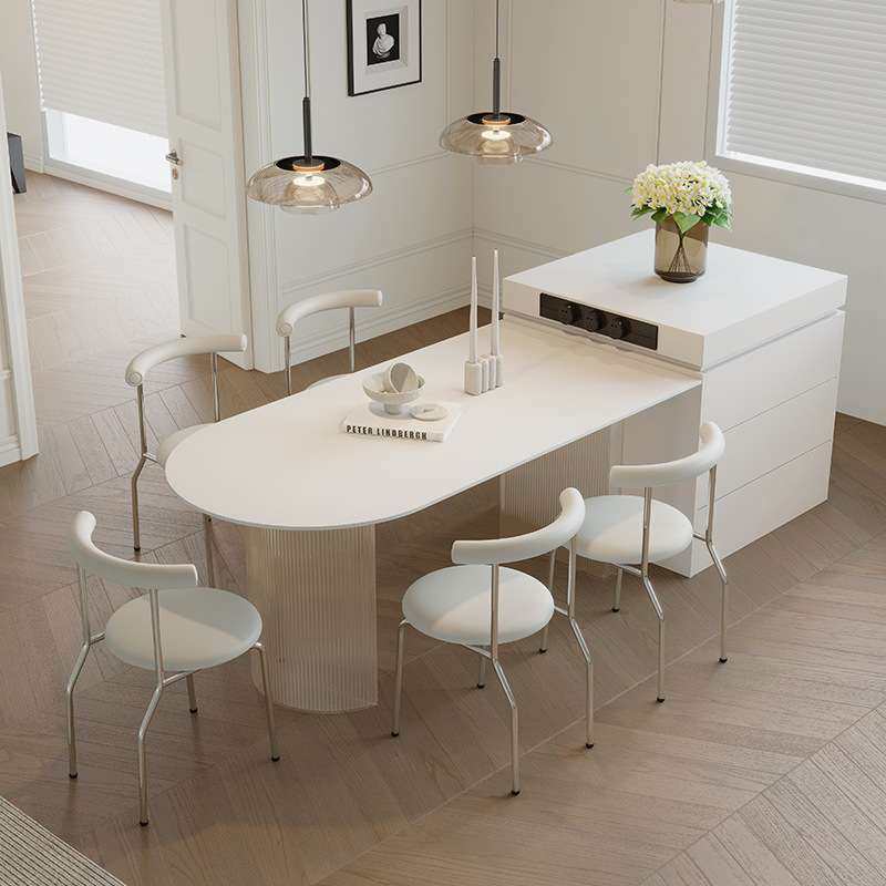 奶油风岩板岛台餐桌一体法式奶油风家用别墅德利丰亚克力悬浮桌子