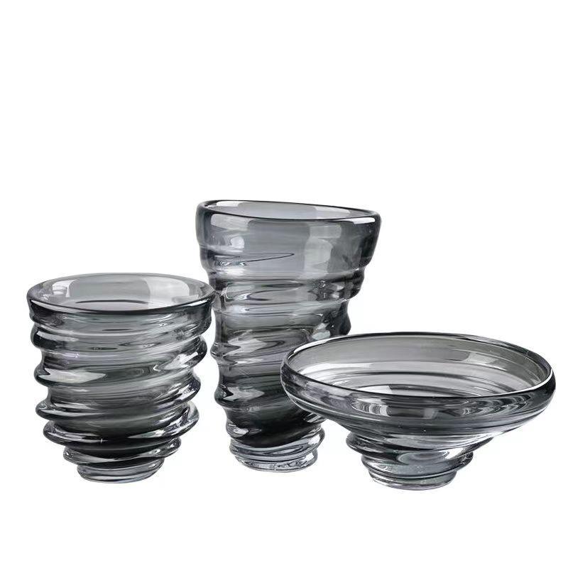 简约灰色手工螺纹玻璃花瓶水果盘桌面现代家居样板间软装花器摆件