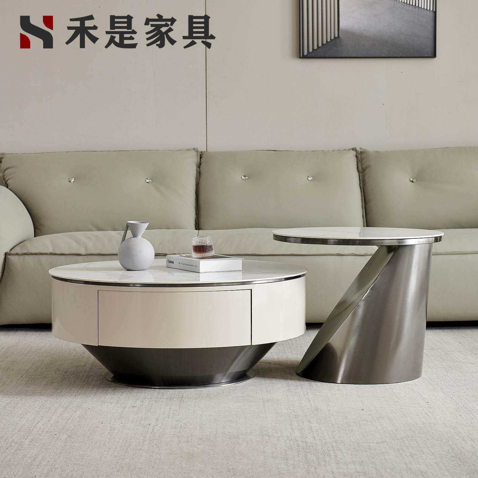 意式轻奢现代简约高端不锈钢岩板圆茶几电视柜组合小户型客厅家用