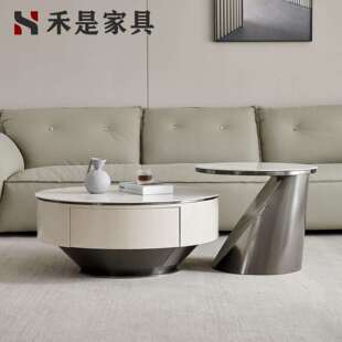 意式轻奢现代简约高端不锈钢岩板圆茶几电视柜组合小户型客厅家用