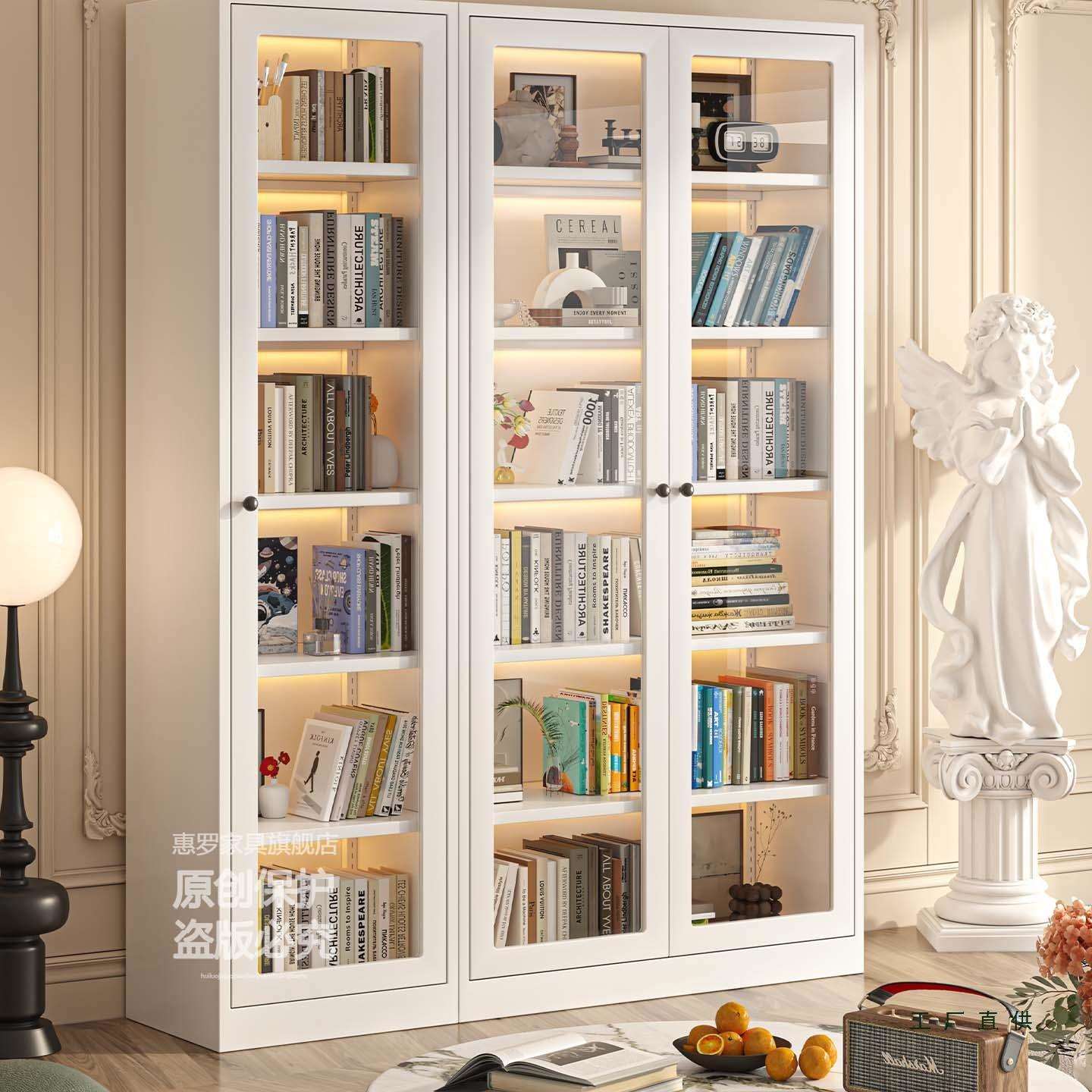 家用钢制书柜带门防尘客厅玻璃展示收纳儿童学生落地储物铁艺书架