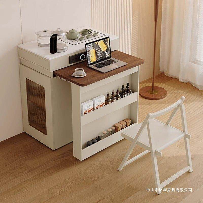 2025新款岛台奶油餐桌实木一体家用伸缩折叠小户型餐厅多功能饭桌