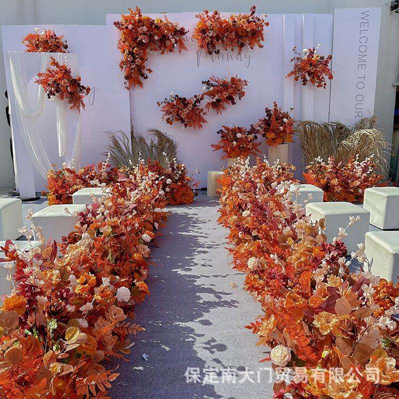新款焦糖橘色婚庆地排花成品花排婚礼路引花排花艺仿真花