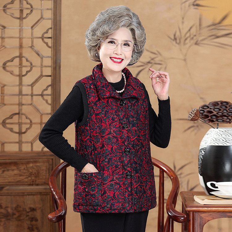 中国风翻领马甲女中老年妈妈装加绒保暖老太太马夹背心