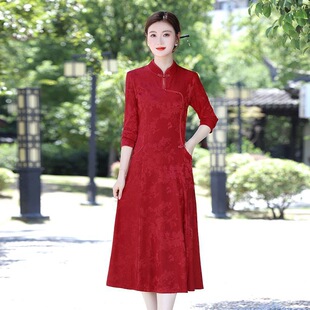 改良旗袍裙收腰显瘦裙子 长袖 中老年妈妈连衣裙气质婚宴装 2025新款