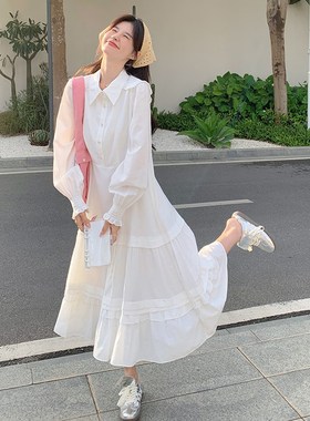 速发春天白色袖恋系长初子式连衣裙2024新款春秋衬个子小衣长裙