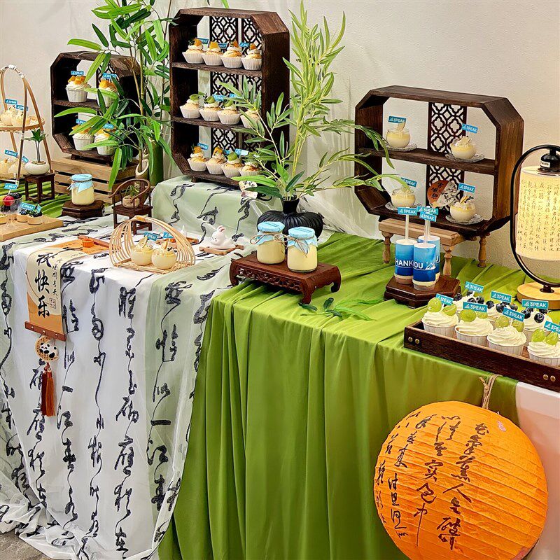 速发新中式甜品台布置茶歇沙龙场景装饰摆件绿色森系桌布婚礼生日