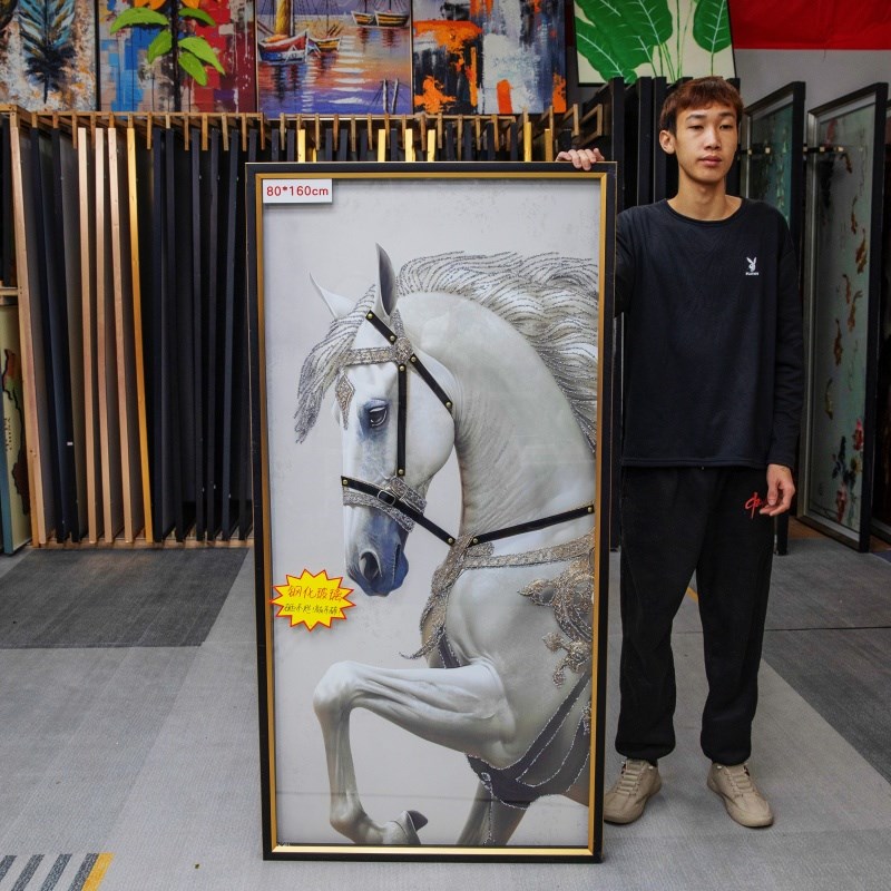 速发黑白灰手工镶钻实物立体装饰画客厅玄关挂画骏sw022马80160
