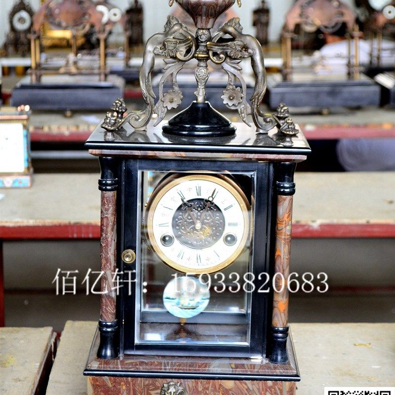 速发钟表大理石机械座钟纯铜表芯三意报时复典古古创五工艺座钟