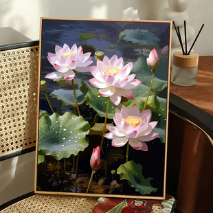 速发夏日荷花油花数色莲画花卉填字油彩画高级感手工丙烯风景填充