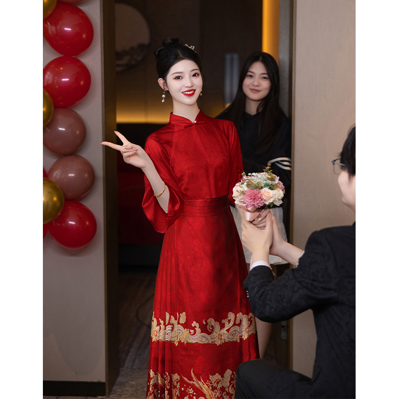 速发面中式红套马新裙订婚礼服裙新娘结婚色装旗袍敬酒服回门出嫁