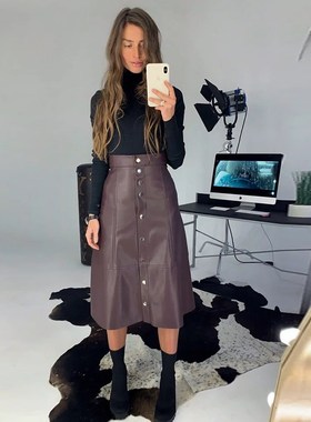 速发PuiLr R vest Buts Midi Skirt Wo High Wst Casu