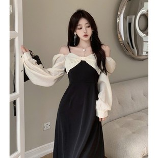 速发胖妹妹逃在公主露吊连衣裙2024秋款大码法式收腰赫本风肩带长