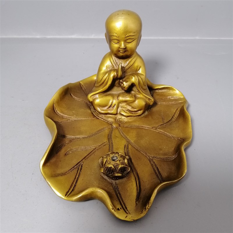 速发摆玩收藏仿古小和尚荷摆香插古件金属礼品工艺品客厅叶件一件