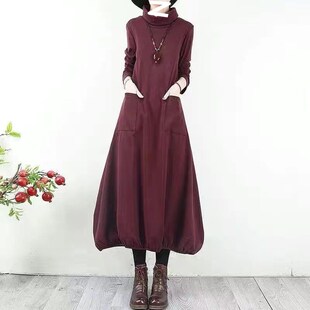 速发长宽连衣裙20中5春秋新款装复古高领大码袖松2长款裙子