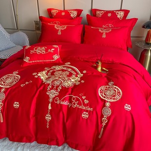 速发高端奢大结婚新绣式婚庆华红四件套全棉刺中新婚床罩