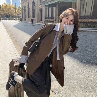 速发棕色无领皮款外套2025春秋新风宽松港衣复古假两件PU皮