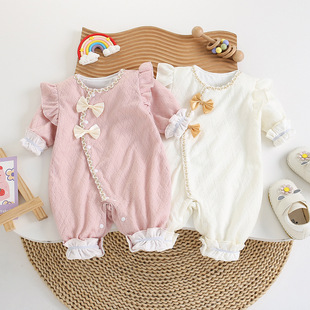 婴儿春秋季小香风双层长袖连体衣洋气可爱公主哈衣新生女宝外出服
