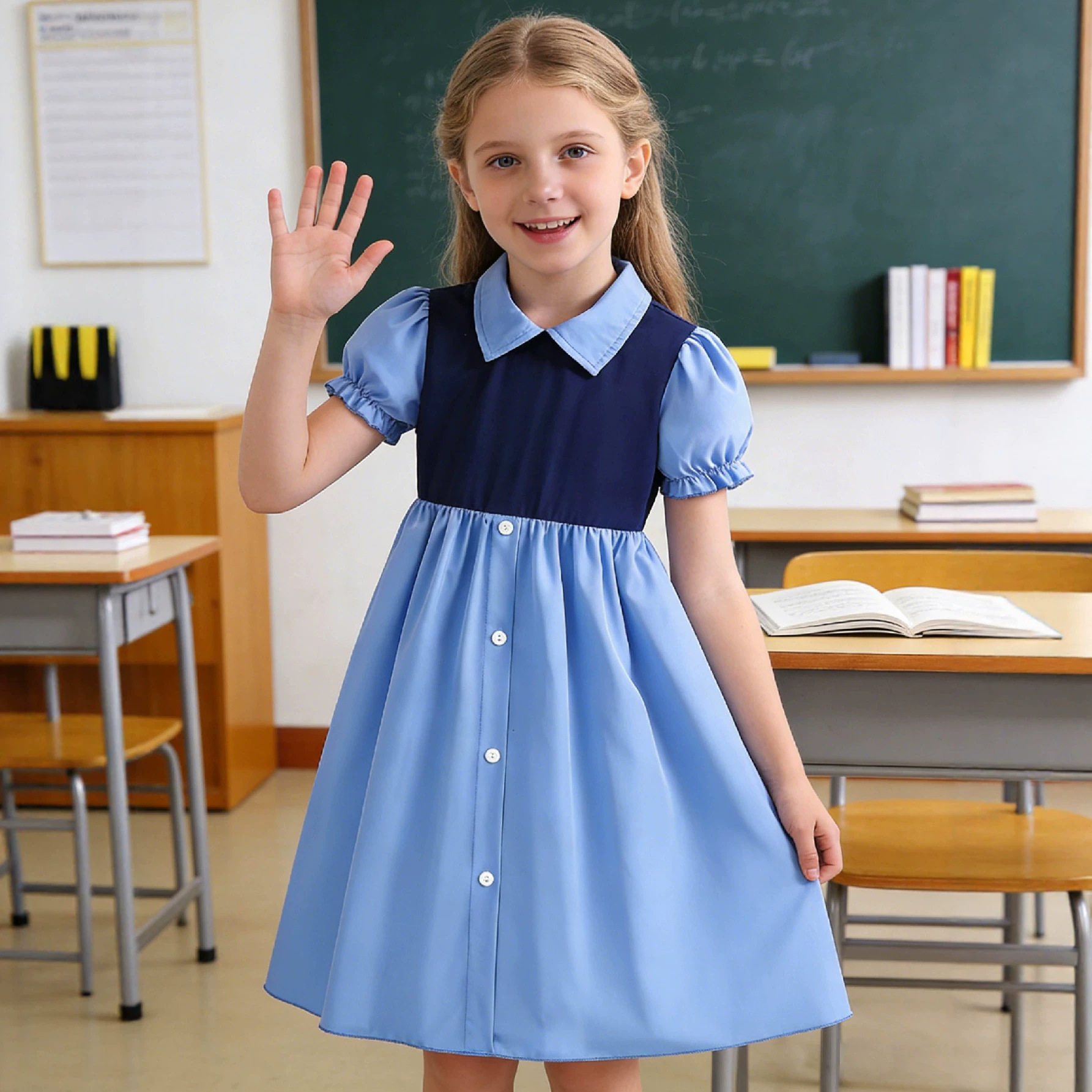 女童学院风拼接衬衫领连衣裙夏季新款儿童泡泡袖A字学生校服裙潮