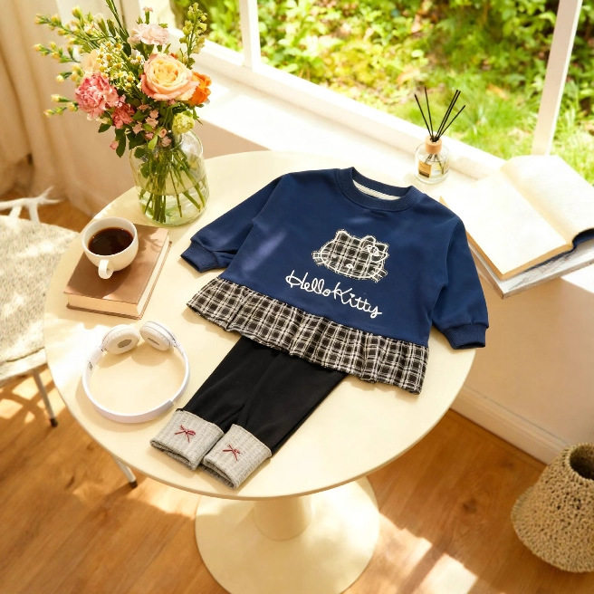 女童休闲卫衣2026秋季新款kit猫拼接格子裙边宝宝卫衣打底裤套装