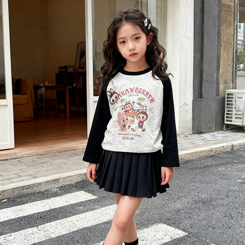韩国女童春秋套装2025新款卡通长袖T恤公主百褶裙短裙甜美两件套