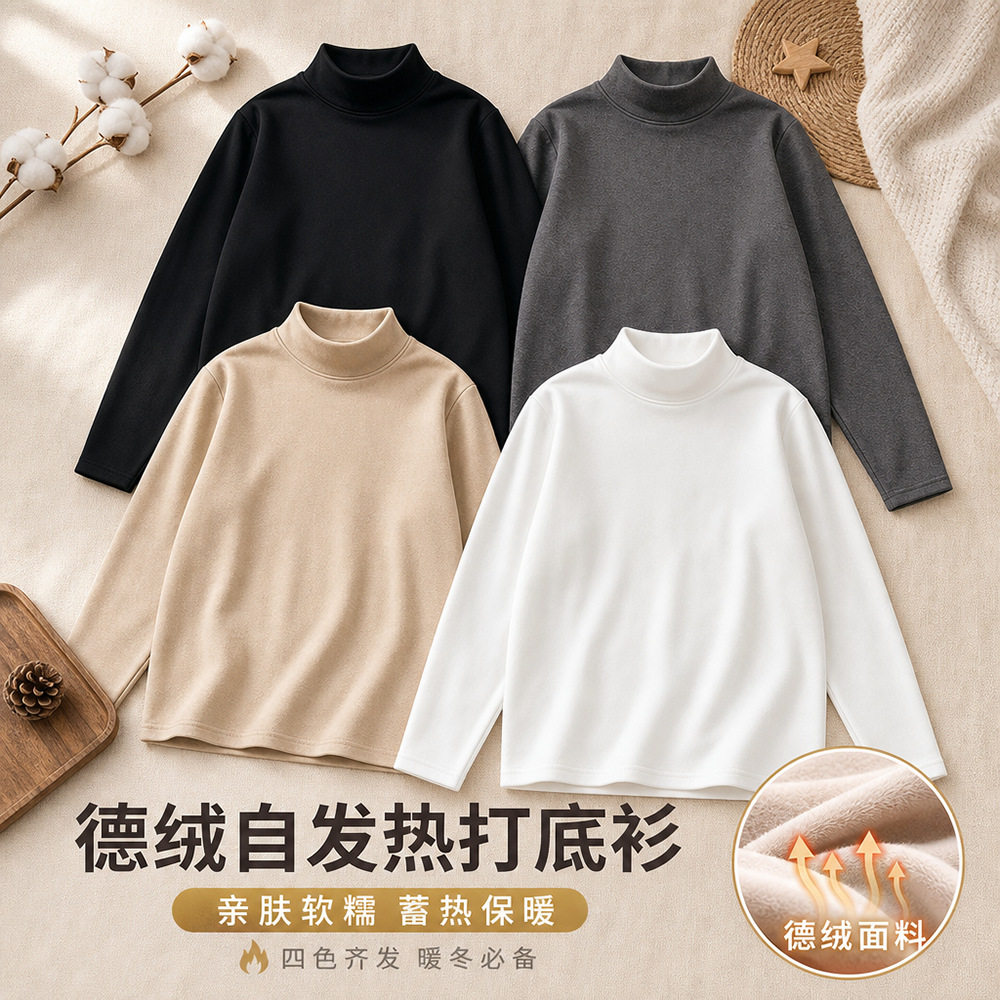 儿童半高领保暖内衣秋冬德绒男童单件秋衣上衣宝宝大童女童打底衫