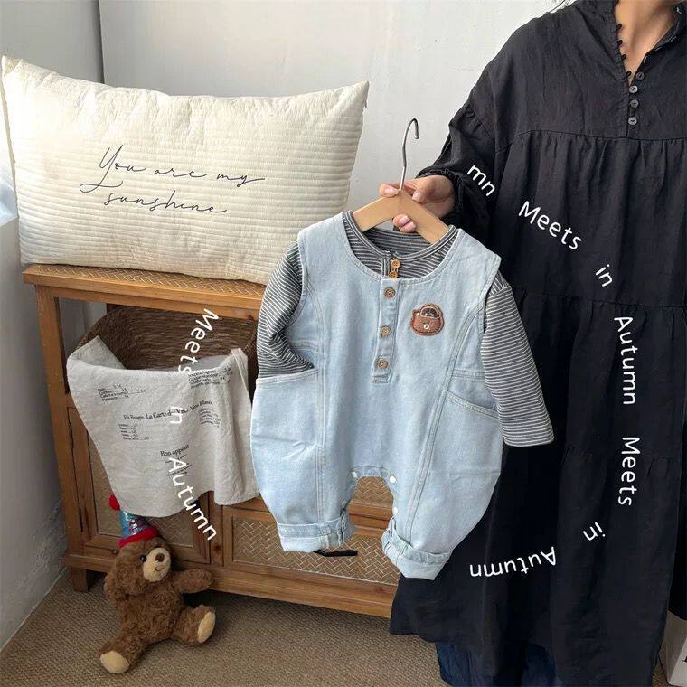 男童婴幼儿背带裤男宝宝牛仔连体衣秋装条纹打底外出服背带套装潮