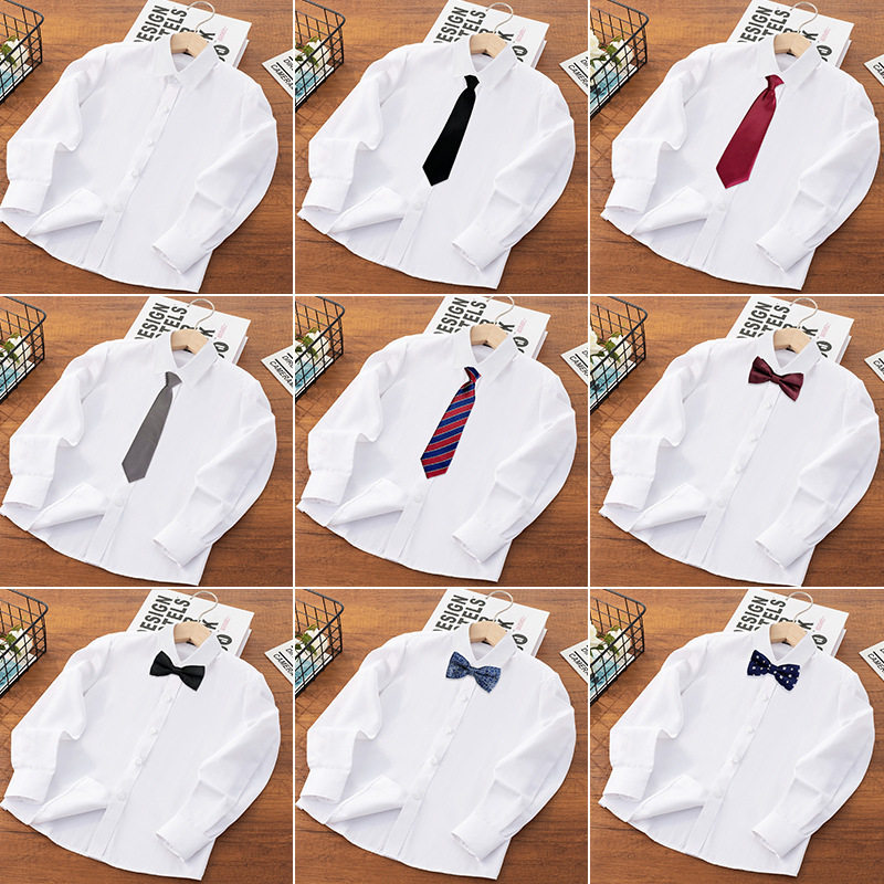 儿童白衬衫男童春秋长袖衬衫小学生校园园服白色衬衣六一演出服