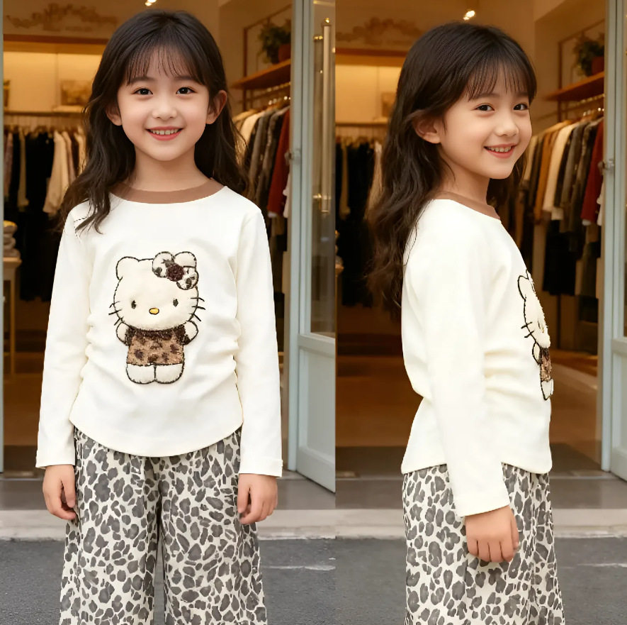 女童套装春秋2025新款儿童洋气长袖t恤豹纹阔腿裤裤子上衣两件套