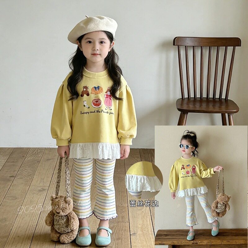 韩国女童套装卫衣2026新款秋季儿童洋气套头长袖喇叭裤子两件套装