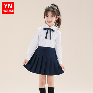 女童白色长袖衬衫套装白衬衣学院风百褶裙套装幼儿园小学生演出服