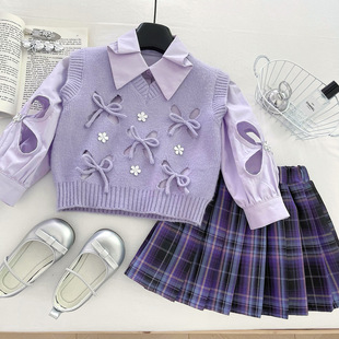 韩版女童套装2025秋季新款紫色针织马甲衬衣短裙女宝宝三件套气质