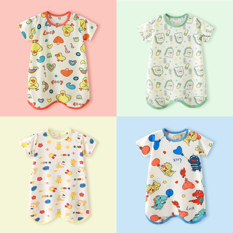 宝宝睡衣婴儿睡袍夏季薄款短袖冰丝儿童睡裙幼儿连体小童防踢