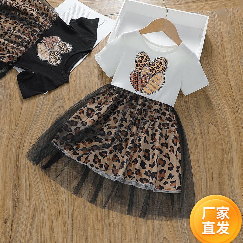 儿童外贸夏季女婴童连衣裙2026新款洋气女孩印花拼接豹纹网纱裙