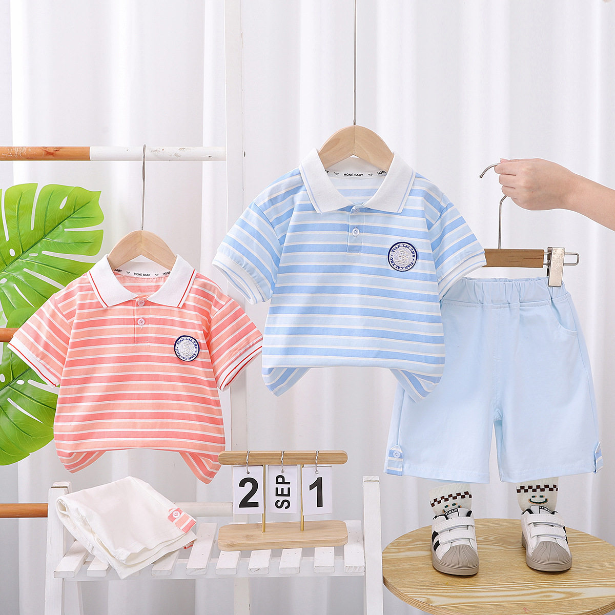 男童夏装套装2025新款小童宝宝夏季条纹圆标短袖衣服两件套儿童装