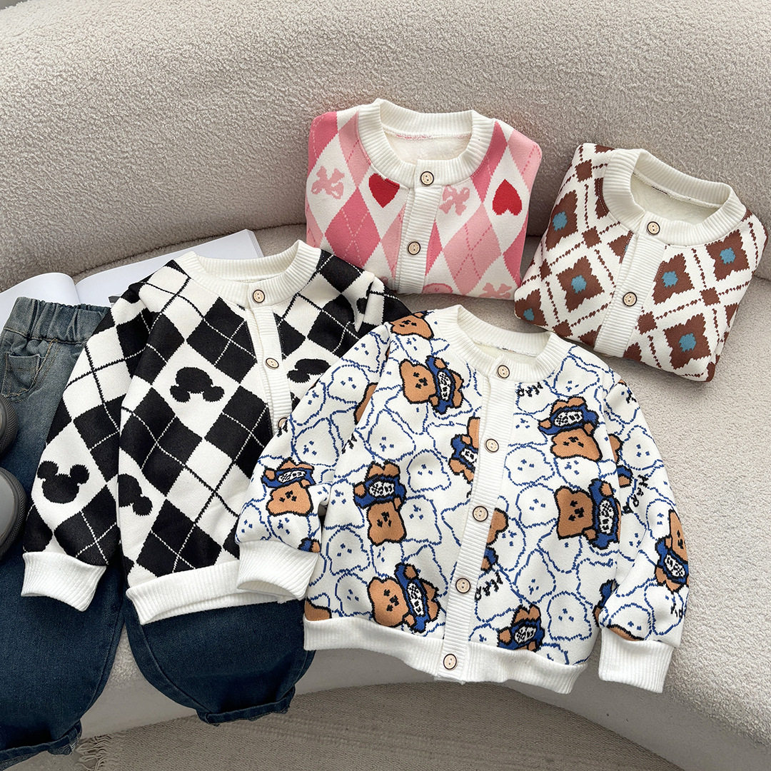 跨境2025儿童加绒外套秋冬新款男童毛衣加绒长袖衣服女童保暖童装