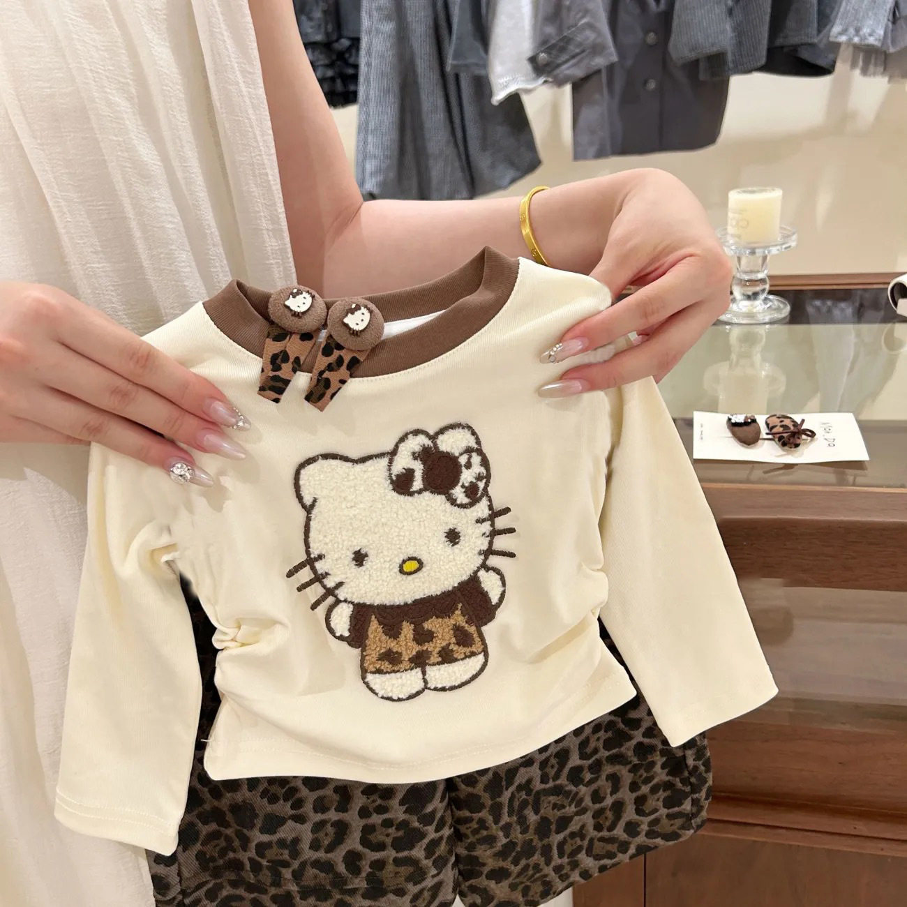 童装女童套装春秋2025新款儿童可爱卡通kt小猫长袖t恤豹纹休闲裤