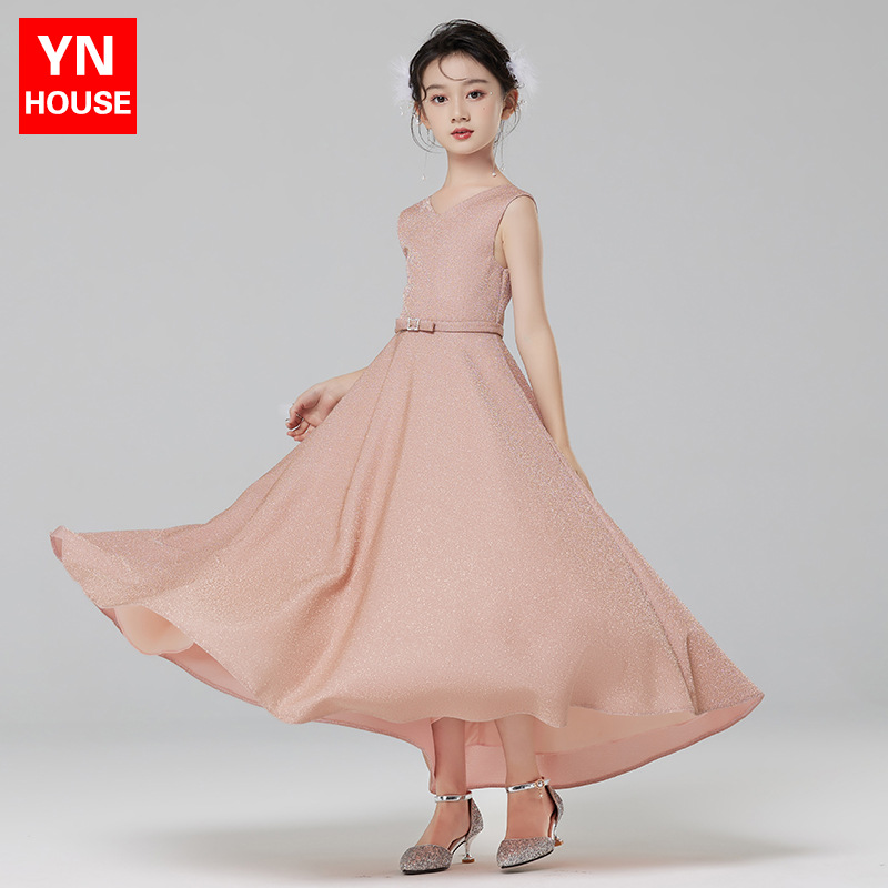 女童礼服秋冬高端儿童公主裙粉色花童婚礼小女孩主持人钢琴演出服
