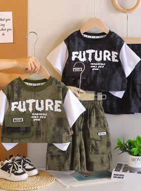 婴儿衣服夏季童装两件套小孩洋气迷彩口袋工装短袖套装一岁男宝宝