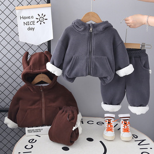 男童秋冬装套装2025新款小童加绒纯色小恶魔外套冬季棉衣两件套潮