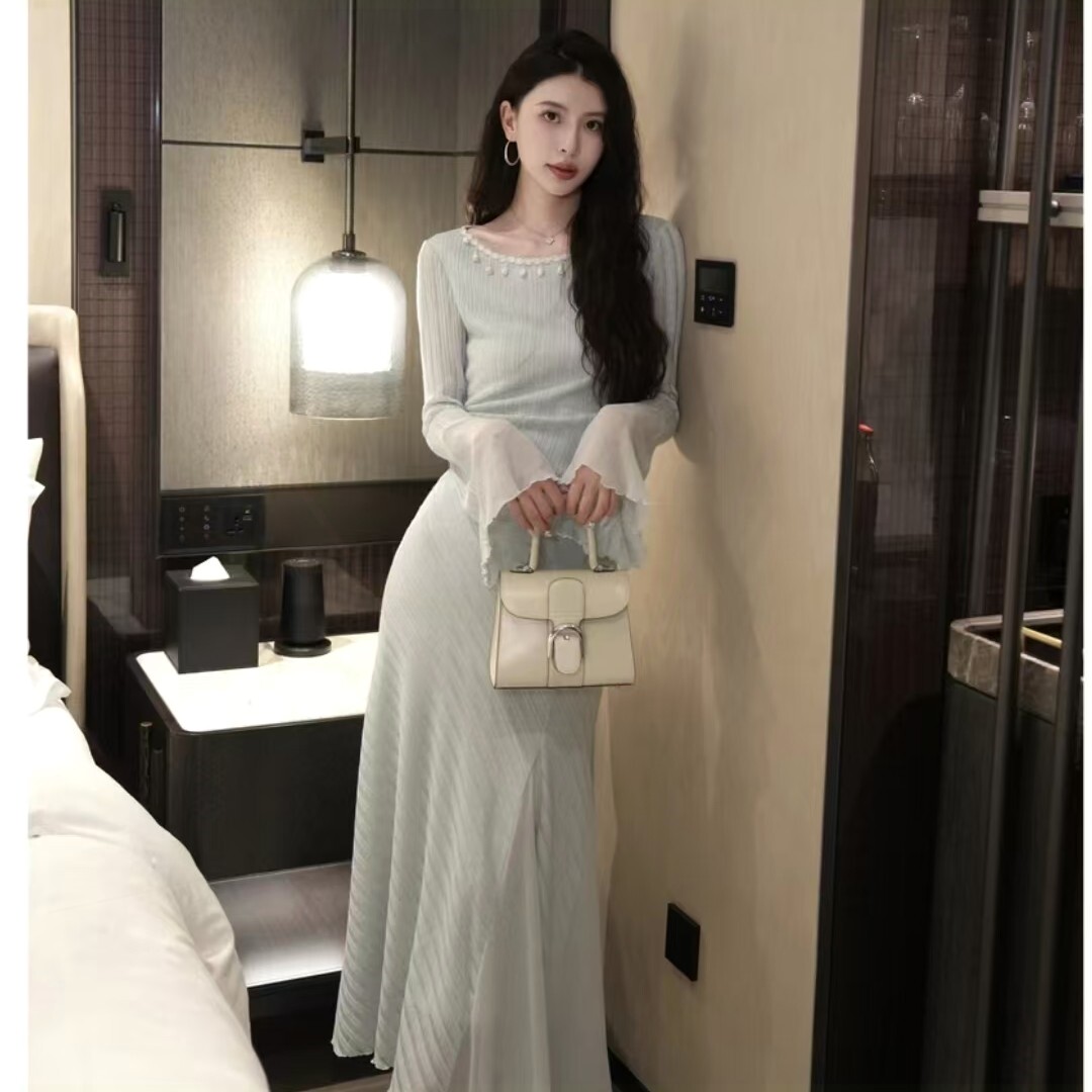 装女气质轻薄两件套工作室原创温润气质 针织衬衫半身裙时尚套