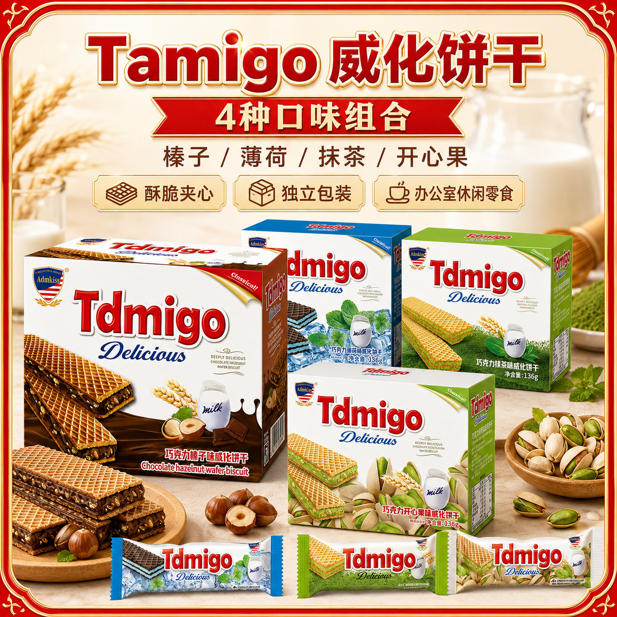 【Tdmigo】印尼风味巧克力榛子味薄荷味夹心威化饼干办公休闲零食
