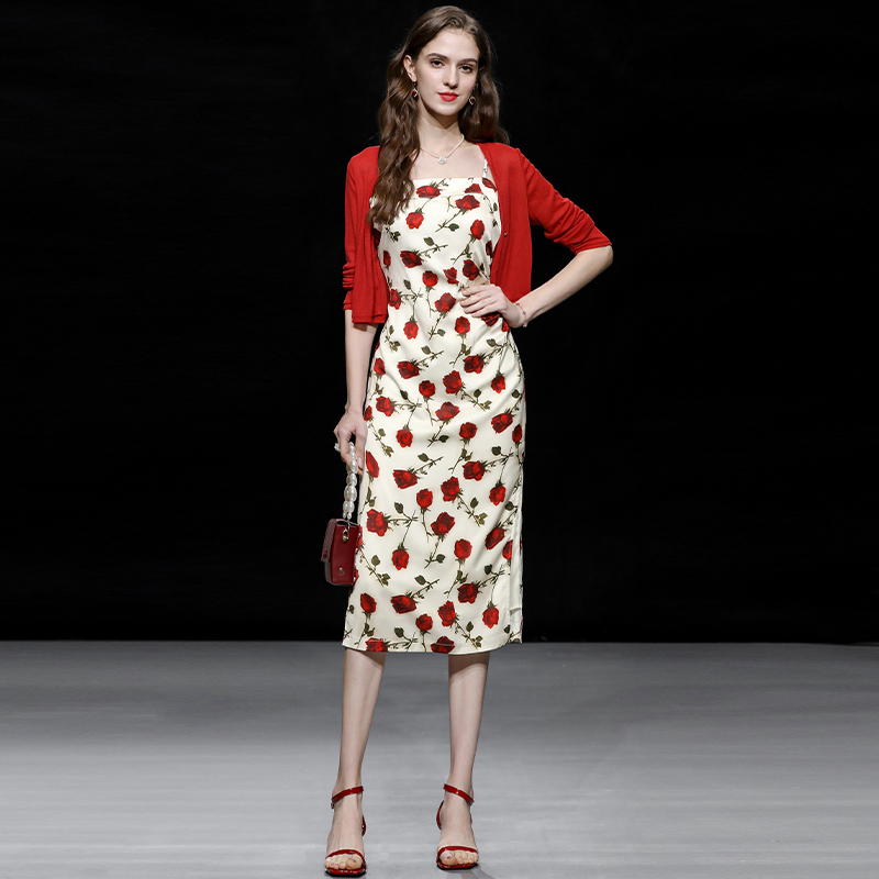 夏季女装2023新款时尚气质红色防晒衫开衫印花连衣裙长裙裙子套装