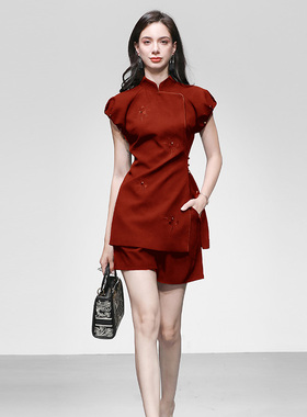 新中式轻奢提花刺绣插肩袖上衣高腰百搭短裤红色套装