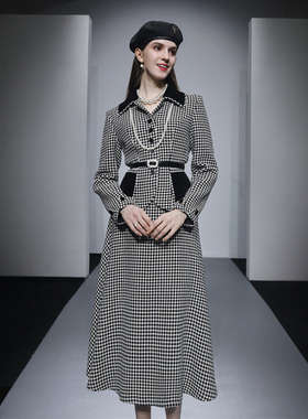 202春季新款气质复古赫本风拼色收腰外套收腰大摆裙花呢套装