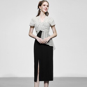 2026夏季新款通勤OL优雅气质V领抽褶荷叶波点拼接开衩直筒连衣裙