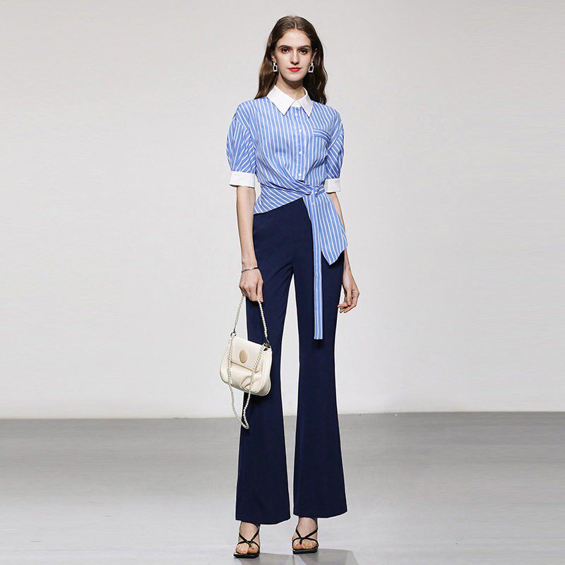 夏季女装2026新款时尚气质不规则收腰条纹衬衫+OL风微喇长裤套装