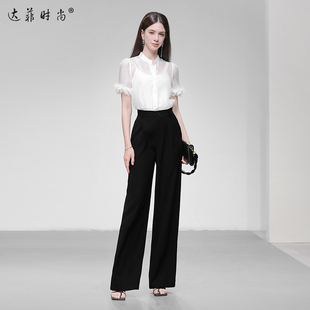 气质宽松版 套装 泡泡袖 高腰直筒阔腿西裤 欧根纱衬衣 2026年夏新款